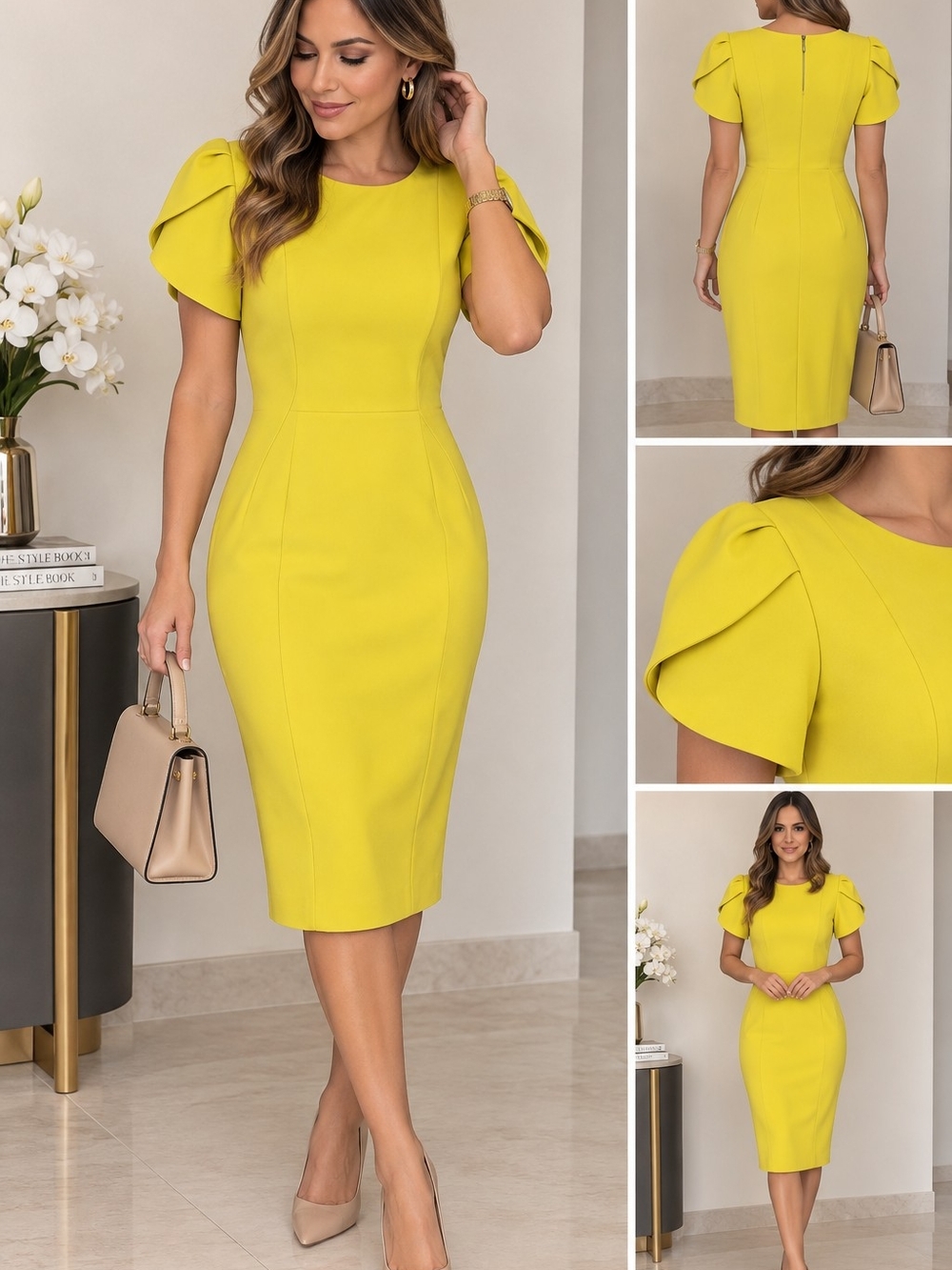 Calvin Klein Lemon Yellow Pleated-Sleeve Sheath Dress